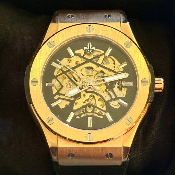 Ralph Christian Luxury Automatic Skeleton Gold/Black Tone Silicone Strap Watch. - Picture 5 of 8